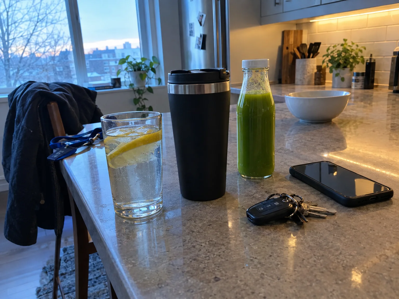 Eau citronnée, café et jus vert sur un plan de travail — illustration créée avec l’IA