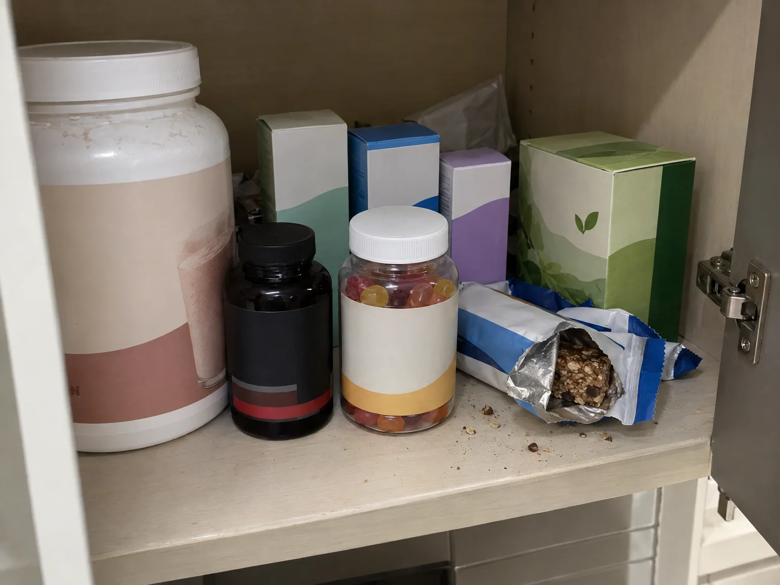 Une étagère de placard encombrée de shakes minceur entamés, de gélules, de boîtes de probiotiques et de barres protéinées